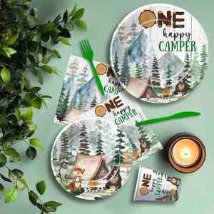 One Happy Camper 183-Piece Modern Birthday Party Supplies Includes Plates Napkins Cups Goodie Bags <b>Tablecloth</b> Banner Cutlery - Product Image 2
