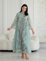 Robe de soirée maxi Abaya Kaftan bleu clair en maille brodée de sequins avec appliqué et col en V pour femme, élégante et décontractée au quotidien, grandes tailles