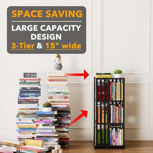 4 Tier Rotating Bamboo Bookshelf Tower Spinning 360 Bookcase Swivel Carousel Vertical Corner Organizer Black