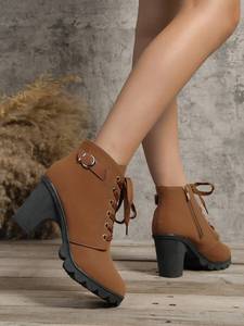 <span class=keywords><strong>Bottines</strong></span> à talon épais personnalisées pour femmes, <span class=keywords><strong>bottines</strong></span> en cuir PU à lacets avec fermeture éclair latérale et boucle, vente en gros OEM, bout rond - Product Image 4