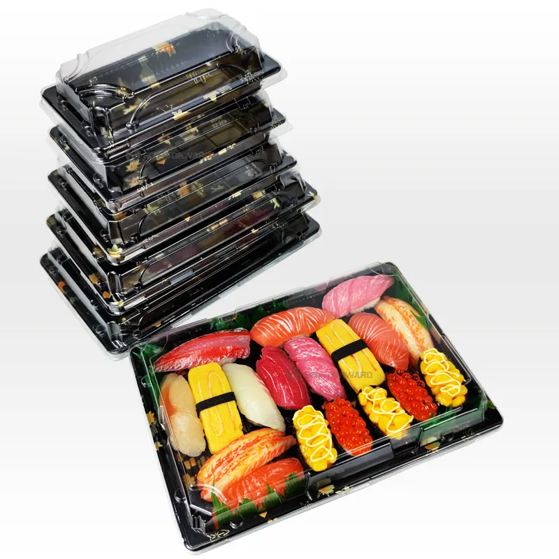 丸い正方形の防曇蓋付きの使い捨てプラスチック製の黒い寿司箱食品容器