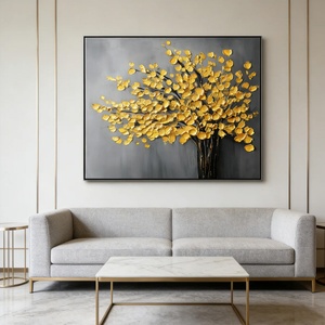 Peinture à l'huile texturée faite à la main, style nature morte, motif arbre doré minimaliste, arts décoratifs pour la décoration intérieure et l'art mural des hôtels - Product Image 6