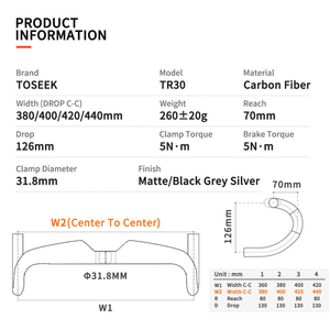 TOSEEK 公路自行车车把 碳纤维超轻自行车车把 31.1-32.5mm 夹口直径 适用于公路自行车和巡洋车 - Product Image 2
