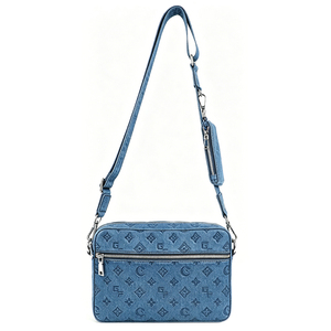 Sac bandoulière de luxe en jean bleu gaufré pour <span class=keywords><strong>homme</strong></span>, ensemble messager 2 pièces tendance avec motif monogramme, parfait pour le style urbain - Product Image 3