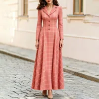 Robe pour femme ODM, coupe ajustée, taille haute, silhouette en A, manches longues, élégante, style français, motif à carreaux, pour l'automne et l'hiver