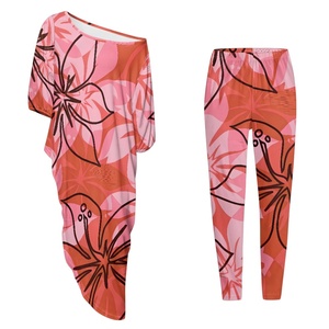 Completo Due Pezzi Casual di Alta Qualità per Donna, Stile Tribale Polinesiano Samoano con Stampa <span class=keywords><strong>Elei</strong></span>, Top Lungo a Spalle Scoperte - Product Image 2
