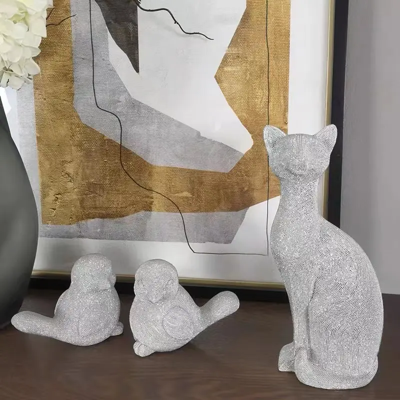 義烏2024動物の鳥の彫像シルバー結婚式の装飾デザイナーの装飾装飾品猫の彫刻