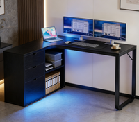 Bureau en forme de L de 55,9 pouces avec prises électriques et éclairage LED