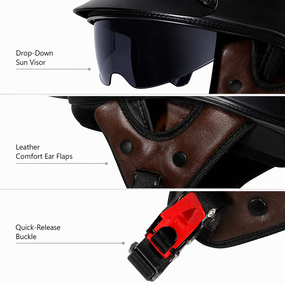 DOT Retro Open Face Motorcycle Helmet ABS Low Profile Half Helmet with ...