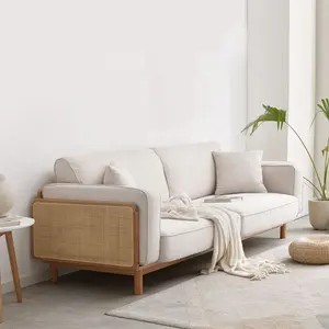 סלון רהיטים מעץ מלא מסגרת ראטאן פינת בד ספה