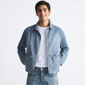 New High Quality Coated Stand Collar <b>Denim</b> <b>Jacket</b> for <b>Men</b> with Custom Logo Comfortable Fit Vintage Style Hooded Solid Color - Product Image 1