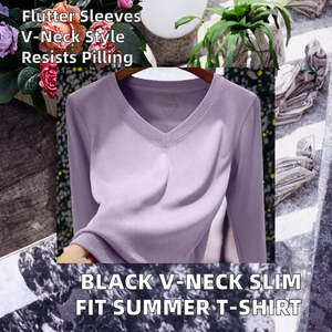 Camiseta de Mujer, Verano 2025, Nuevo Estilo, Color Negro Sólido, Cuello en V, Spandex/Algodón, Manga Larga, Manga de Mariposa, Ajustada, Versátil, Informal - Product Image 2