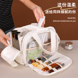 Large Capacity Compartmentalized Cosmetic Bag With Soft Handle Expandable Lightweight Travel <b>Toiletry</b> <b>Storage</b> Case Solid Color - Product Image 1