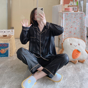 Pijama de seda para mujer de nuevo diseño, 2 uds., ropa de dormir de satén con cierre de cintura elástica, mangas largas y pantalones para el verano - Product Image 3
