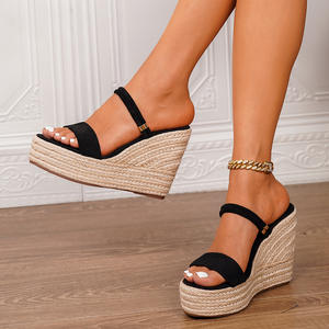 Sandalias de cuña con plataforma de paja tejida, punta abierta, impermeables, estilo playero de verano, suela gruesa, zapatos de mujer - Product Image 1