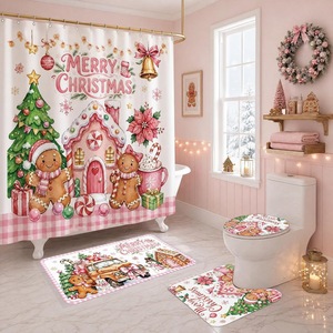 Pink Christmas Gingerbread House Polyester Shower <b>Curtain</b> <b>Bathroom</b> <b>Curtain</b> Digital Print Custom Print Waterproof Bulk Wholesale - Product Image 1