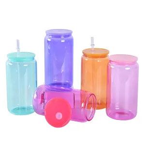 Factory 16 Oz 16 Oz Straight Clear Frosted Gradient Shimmer Sublimación Glass Can Tumbler Cup con tapa de color