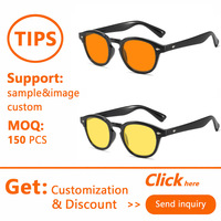 Lunettes anti-lumière bleue unisexe Sunray rétro rondes en PC noir brillant avec monture intégrale, verres teintés jaunes et rivets argentés en forme de diamant, OEM
