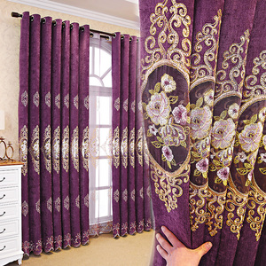 <span class=keywords><strong>Tende</strong></span> di Lusso Europee di Alta Qualità Pronte all'Uso, in Poliestere Ciniglia Viola con Ricami Floreali a Rosa per Soggiorno - Product Image 1