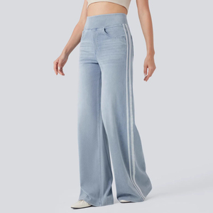 Jean évasé vintage <span class=keywords><strong>bleu</strong></span> délavé pour femme, coupe <span class=keywords><strong>ample</strong></span>, taille élastique, en tissu Oxford anti-plis, idéal pour l'été - Product Image 5