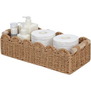 Paper Rope Scalloped Edge Toilet Paper <b>Storage</b> <b>Basket</b> <b>Rectangular</b> Bathroom Decor Woven <b>Basket</b> With Handles For Over Toilet - Product Image 1