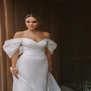 White Satin Off The Shoulder Mermaid Wedding Dress Sweetheart Neckline Natural Waistline Simple Slim Fit Brides 2026 - Product Image 3