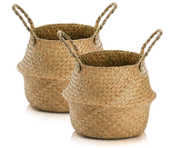Panier de rangement écologique en jonc de mer avec poignées, tressé à la main, imperméable, pour plantes, couvertures, salon (D20*23cm)