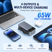 Batterie externe 65W 30000mAh USB-C, chargeur portable haute capacité avec câble intégré pour téléphone, tablette, ordinateur portable