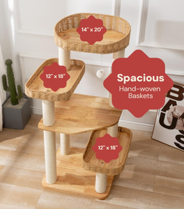 Luxe eco-vriendelijke moderne kattenboomtoren van rotan, gevlochten hout en sisal, klimpaal, krabpaal, <span class=keywords><strong>condo</strong></span> en krabplank voor katten binnen. - Product Image 3