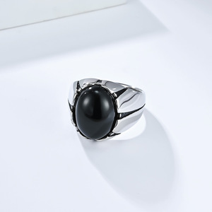 yunnique retro men's light luxury tiger eye <b>titanium</b> steel <b>ring</b> oval egg-shaped <b>black</b> gemstone stainless steel thum - Product Image 3