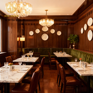 Table carrée vintage américaine en pierre frittée, chaise de café en cuir, banquette en velours avec structure en bois, mobilier de restaurant - Product Image 6