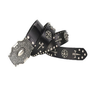 Alta Qualidade 3.8cm 1.5 "Largura Western Metal Name Plate Buckle Branco e Preto Pele Genuína Couro Metal cravejado Punk <span class=keywords><strong>Belt</strong></span> - Product Image 5