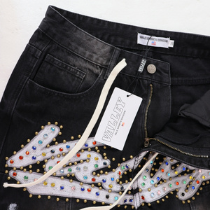 VALEE FOREVERS <span class=keywords><strong>Jean</strong></span> <span class=keywords><strong>Baggy</strong></span> Brodé de Strass, Denim Noir Délavé et Vieilli Style Streetwear <span class=keywords><strong>Vintage</strong></span> - Product Image 6