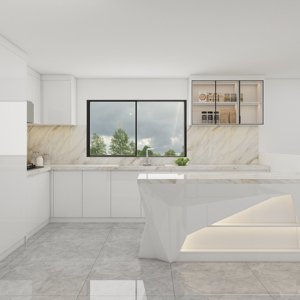 Diseño de armario de <span class=keywords><strong>cocina</strong></span> minimalista con asas ocultas Superficie de fácil limpieza Proveedor de Guangdong - Product Image 1