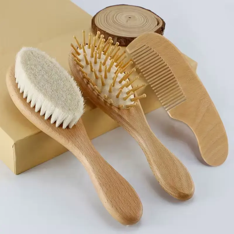 PDANY Custom Wool Tooth Beech Wood Baby Hair Brush And Wooden Comb Set For Newborns