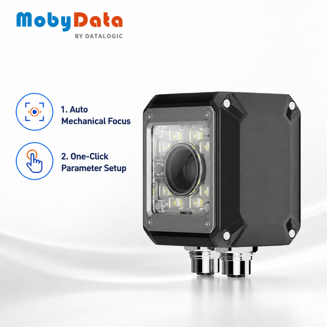 Mobydata FS44XX Industrial Fixed Mount Barcode Scanner with Auto Mechanical Focus for Manufacturing Production Line