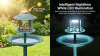 Bain d'oiseaux multifonctionnel 3-en-1 avec lumière solaire, jardinière et mangeoire à oiseaux en résine verdigris, écologique et résistant à la rouille pour jardin et cour