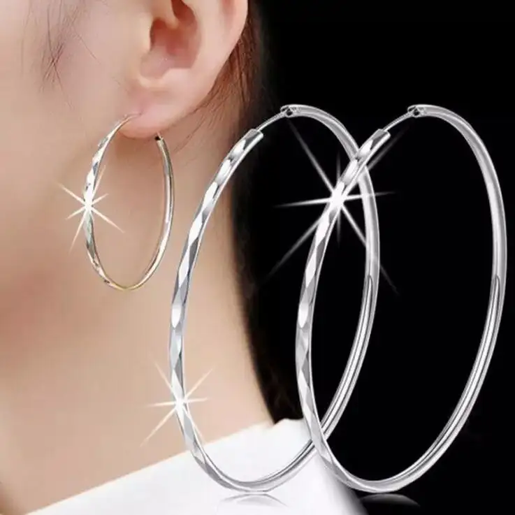 925 Sterling Silver Plated Big Circle Hoop Earrings Minimalist Simple Round Earrings For Women Fashion Jewelry