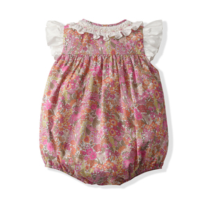 Mameluco de algodón orgánico <span class=keywords><strong>para</strong></span> niñas pequeñas Floral Vintage estampado Smocked Ruffle sin mangas recién nacido <span class=keywords><strong>Primera</strong></span> <span class=keywords><strong>comunión</strong></span> 100% algodón - Product Image 2