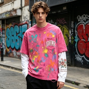 T-shirt à manches longues pour homme, personnalisé, avec motifs graphiques, patchwork, effet vieilli, broderie 3D, impression numérique, double couche, style décontracté - Product Image 3