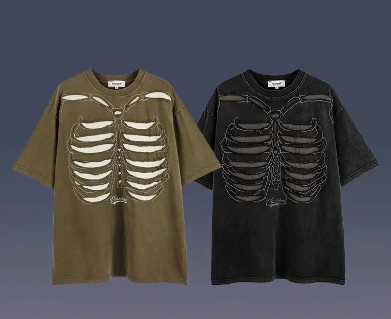 2024 yeni koyu tasarım kesim ve oyulmuştur iskelet T-shirt erkek yıkanmış Vintage eski delik sıkıntılı kafatası tişört