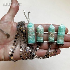 NM60795 Collar de Moda con Cadena de Discos de Acero Inoxidable, Colgante de Cristal Tallado de Calcita <span class=keywords><strong>Caribe</strong></span>ña, Regalo para Mujer - Product Image 1