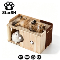 Lit carré pour chat de style nordique d'été, double couche, avec griffoir en sisal, design semi-fermé et tapis rafraîchissant pour une sensation de sécurité.