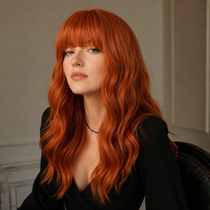 Perruque synthétique longue ondulée couleur cuivre-orange à prix d'usine, avec <span class=keywords><strong>frange</strong></span>, en fibre haute température résistante à la chaleur, et racine naturelle - Product Image 4