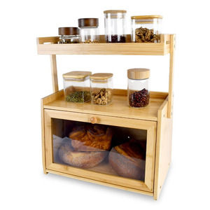 Boîte à pain en bambou à double étage avec porte en verre pour le rangement du pain et des épices dans la cuisine - Product Image 1