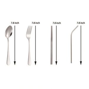 Ensemble d'ustensiles de voyage réutilisables avec logo personnalisé, fourchette, cuillère, couteau, baguettes et paille en acier inoxydable, avec pochette zippée, pour cadeaux événementiels - Product Image 2