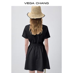 VEGA CHANG <span class=keywords><strong>Abito</strong></span> Camicia Nero Stile Utility per Donne con Colletto, Bottoni, Maniche Corte, Cintura in Vita e Silhouette a Linea A - Product Image 2