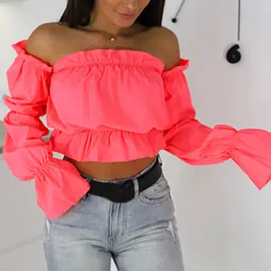 Summer Women Casual Top Strapless Long Sleeves Candy Colors Off Shoulder Sexy Crop Top Women
