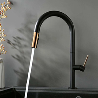 Robinet de cuisine moderne monocommande chaud/froid en acier inoxydable noir et or, à monter sur comptoir, avec douchette extractible