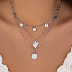 <b>Layered</b> <b>Necklace</b> Women Tibetan <b>Silver</b> Alloy <b>Silver</b> Plated Link Chain Charm Pendant Plant Leaf Vintage Style Fashion Jewelry - Product Image 1